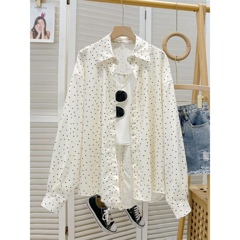 Women Loose Polka Dot Long Sleeve Lace Up Casual Sunscreen Shirt Blouse