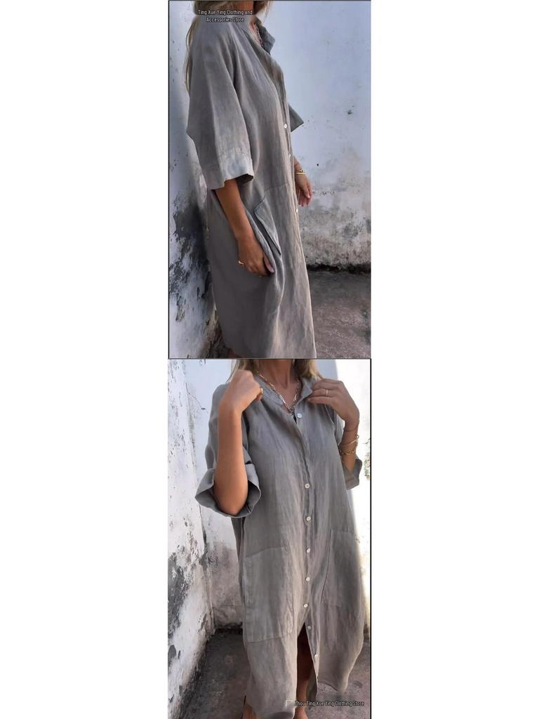 2026 Europäisches & Amerikanisches Frühling/Sommer Lockeres Casual Mittellanges Baumwoll-Leinen Hemdkleid für Damen