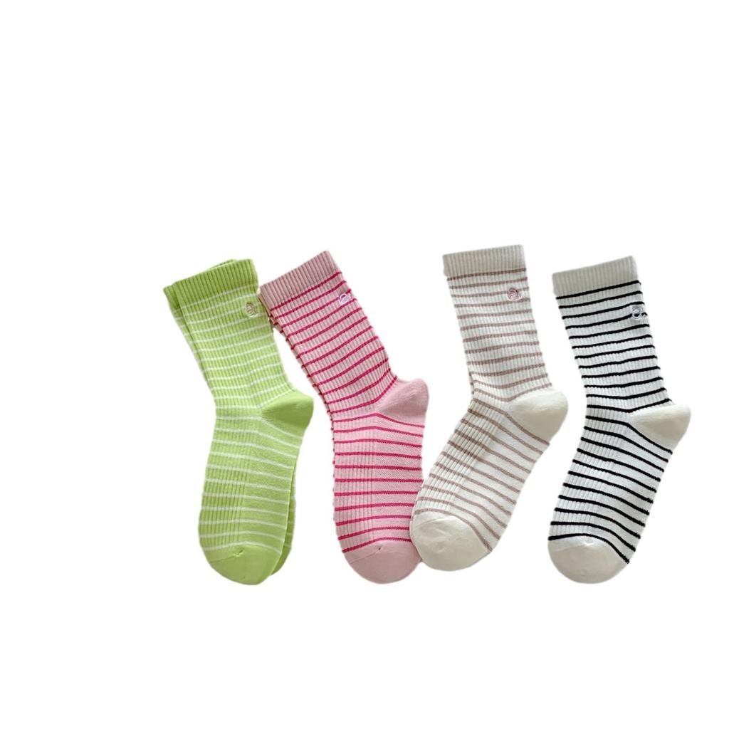 Double Needle Striped Socks Embroidery A Letter Women'S Socks Mid-Tube Socks Trendy Black And White Fashion Stockings Pile Socks Xiaohongshu