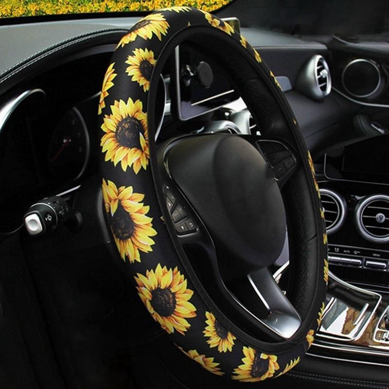 Modischer, universeller Lenkradbezug fürs Auto mit Sonnenblumen-Print, elastisches Band, bequemes Zubehör