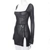Square Collar Solid Mini Dress For Women Y2k Clothes Gauze Sexi Night Dress Hot Club Outfits Sheer Vestidos De Mujer Long Sleeve