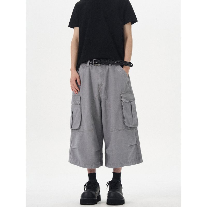 Kisko American Retro Washed Vintage Multi-Pocket Wide-Leg Cargo Pants Unisex Trendy Casual Loose Cropped Pants