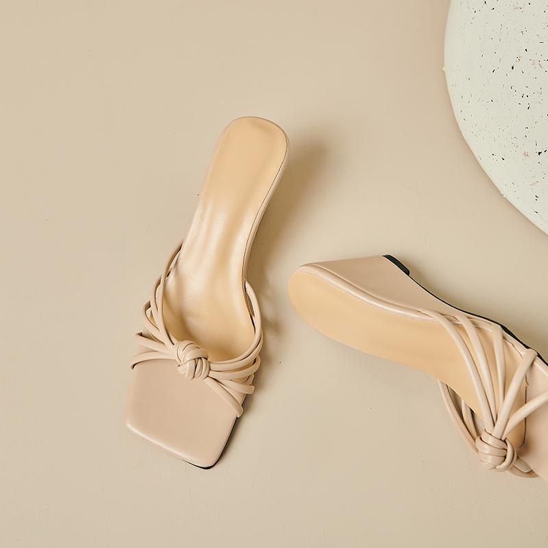 fashion Knotted Style French Retro Slim Heel Sandals Woven Bag Medium Heel Square Toe Open Toe Cutout Art Women's Sandals