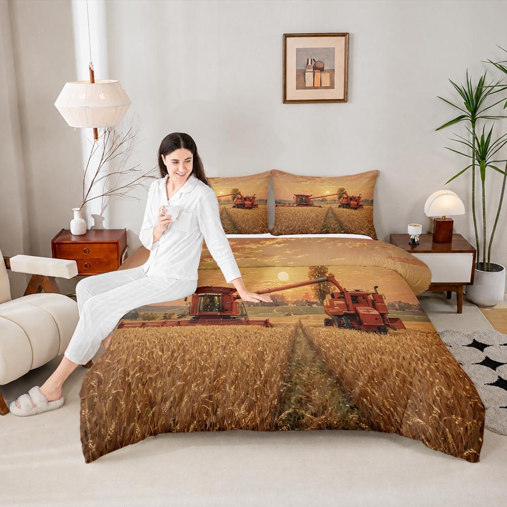 3 Piece Bedding Set Red Combine Harvester Wheat Field Sunset Farm Harvest Duvet Cover Set, Rustic Country Bedding for Men Living Room Bedroom Decor