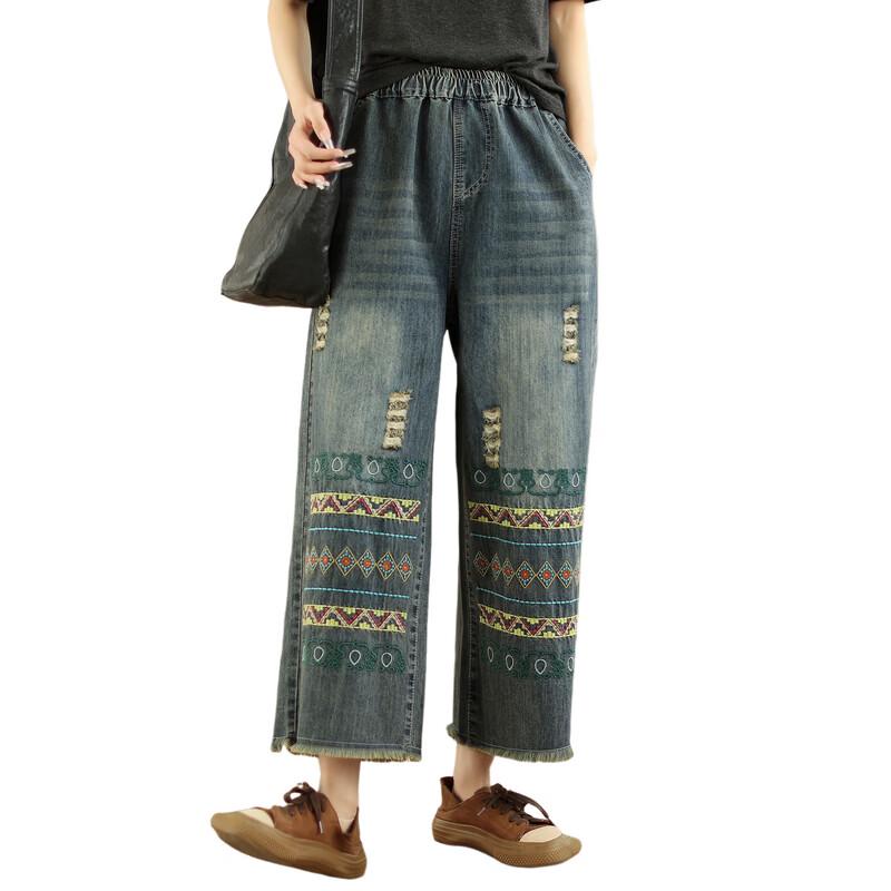 LANGSHA Jeans Corti da Donna Etnici Ricamati e Usurati