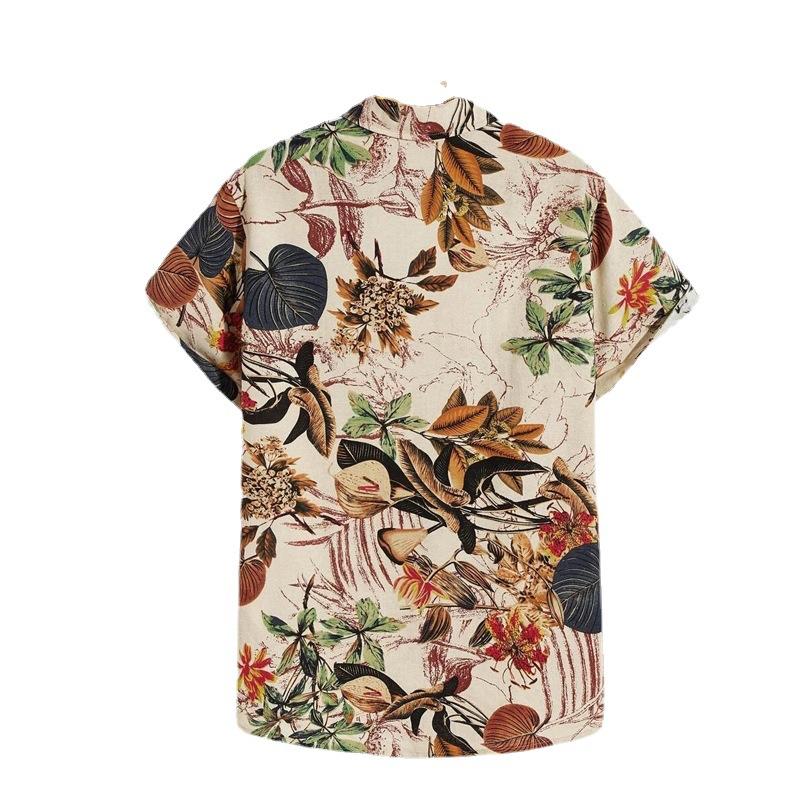 Men's Summer Ethnic Style Short Sleeved Shirt Man Turn-down Collar Flower Leaf Printed Shirt