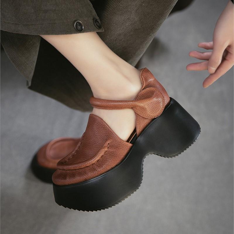 Johnature Sandales en Cuir Véritable à Semelles Épaisses Bout Rond Rétro Talon Épais Chaussures Plateformes pour Femmes