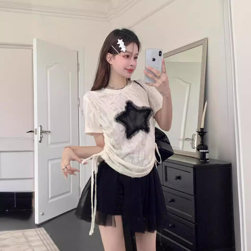 Star short-sleeved T-shirt women's summer American hottie design sense niche loose and thin straps drawstring front shoulder top
