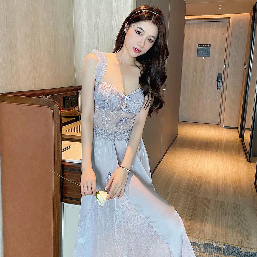 "Camisola de Noite Feminina de Renda de Seda Gelo com Busto Acolchoado - Sexy, Fina e Longa para Primavera e Outono"