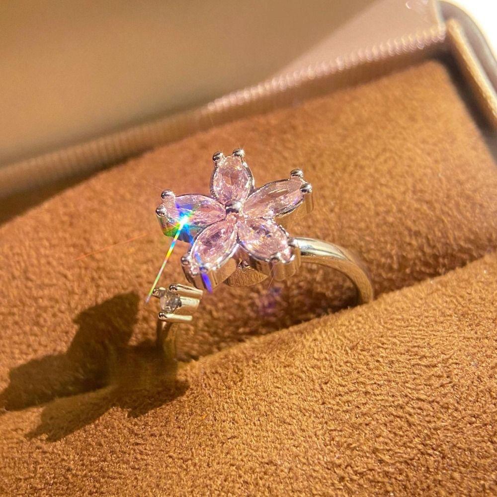 Drehbares Design Drehbarer Ring Damenring Blumiger Synthetischer Ring Rosa Zirkonring Perfektes Geschenk