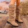 Plus Size Women's Knee High Boots Retro Belt Buckle Thick Heel Pleated Suede Shoes Autumn Winter Woman High Boots Comfortable Soft Sole Non Slip Desig