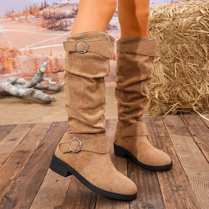 Plus Size Women's Knee High Boots Retro Belt Buckle Thick Heel Pleated Suede Shoes Autumn Winter Woman High Boots Comfortable Soft Sole Non Slip Desig