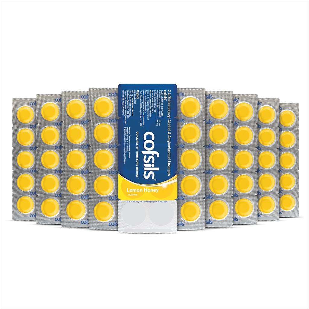 Cipla Cofsils Lemon Honey (200 Lozenges) | Soothing Sore Throat Relief | Portable Quick Relief Candy (10 x 20 Strips)