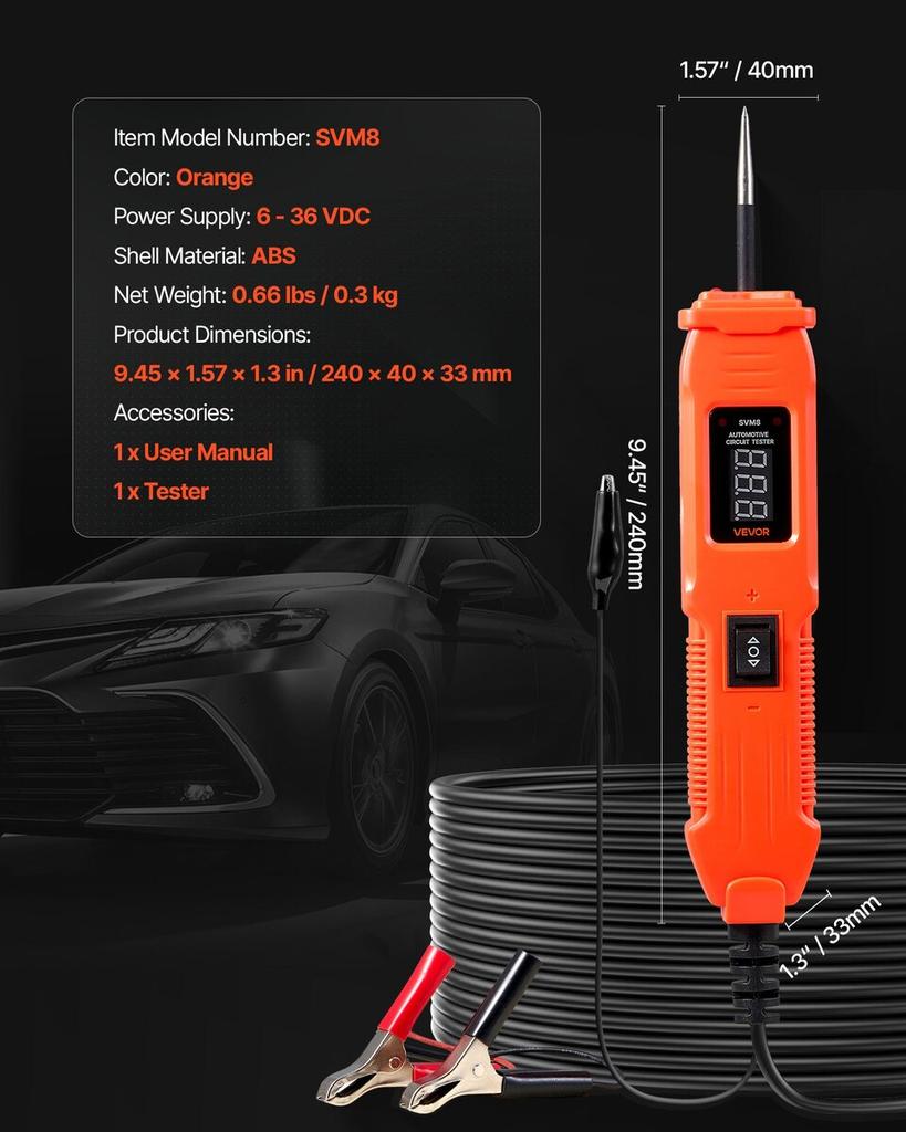Automotive Circuit Tester, 6 - 36 DCV Power Circuit Probe Tester with LED Screen and Lighting, Automotive Power Tester Probe with 13 ft / 4 m Cable,
