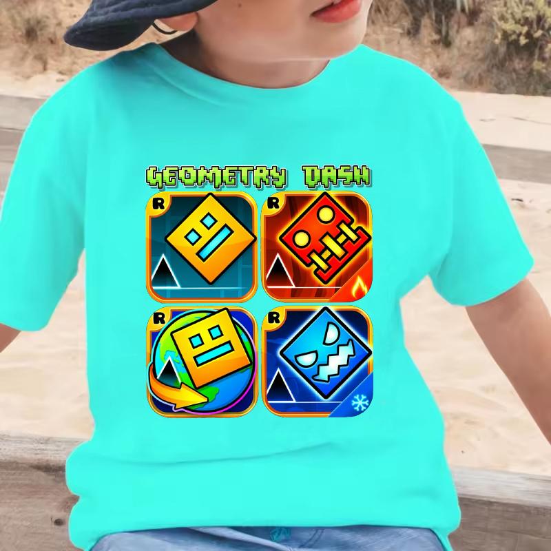 Geometry Dash Cartoon Print Kids Tshirt Childrens Clothing Summer Casual Crew Neck Short Sleeve Tee Girls Clothes Boys Tops