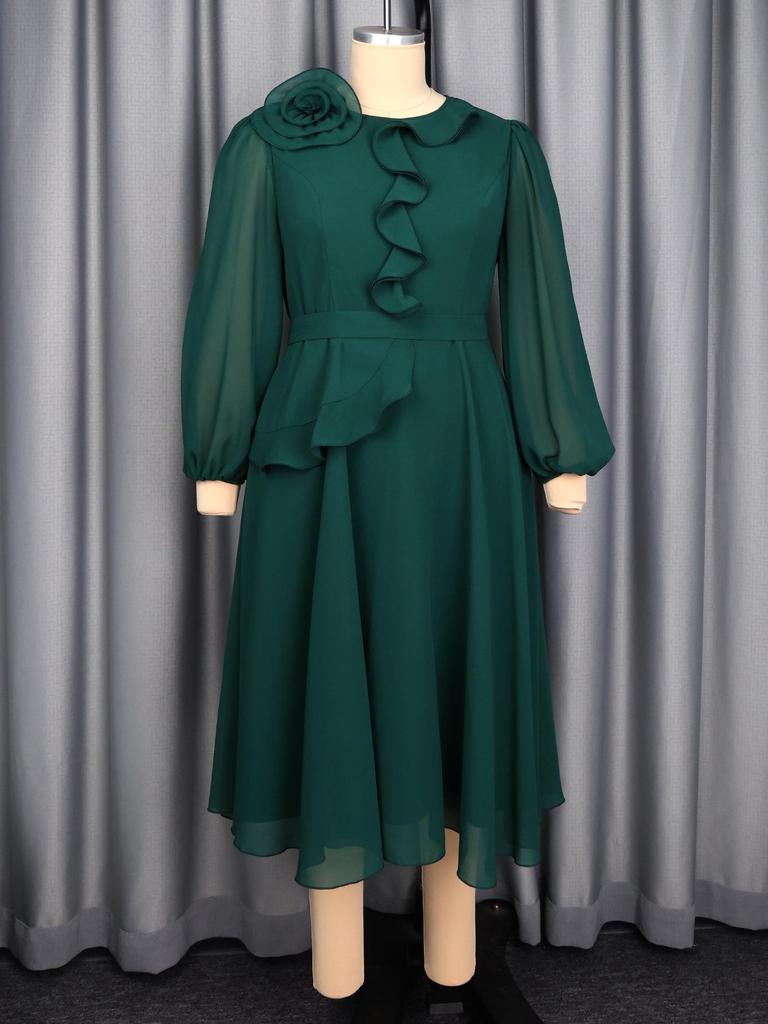 Plus Size Women's Elegant Floral Chiffon Gown with Ruffled Waist and Long Sleeves