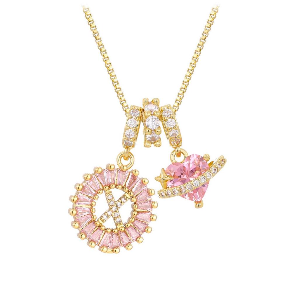 Pink Rock Candy 26-Letter Diamond Necklace with Gold-Plated Zircon and Round Flower Pendant