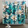 Schmetterling Duschvorhang Grün Blau Ölgemälde Weiß Boho Blumen Badezimmervorhänge Rustikales Bauernhaus Floral Waschbare Dusche