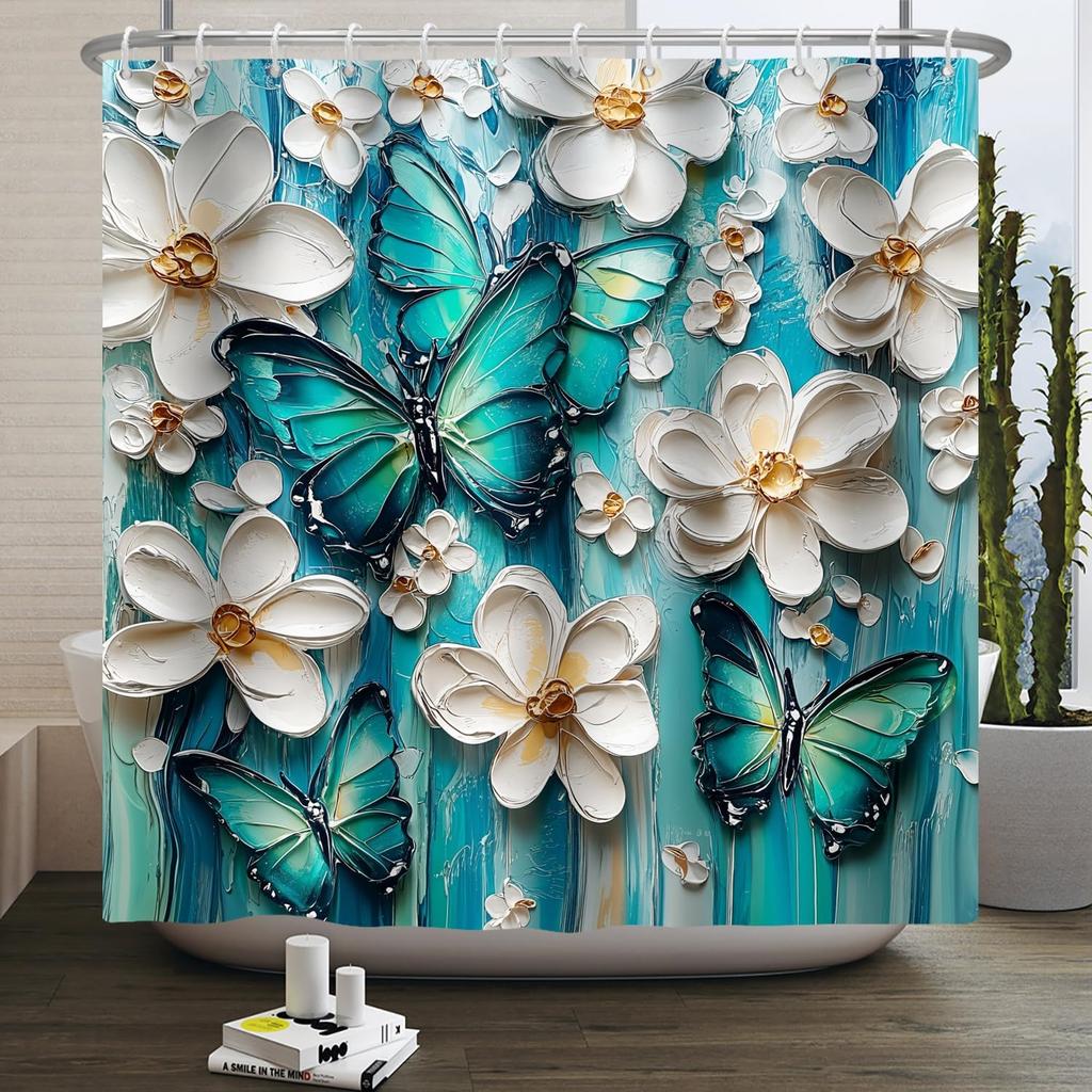 Schmetterling Duschvorhang Grün Blau Ölgemälde Weiß Boho Blumen Badezimmervorhänge Rustikales Bauernhaus Floral Waschbare Dusche
