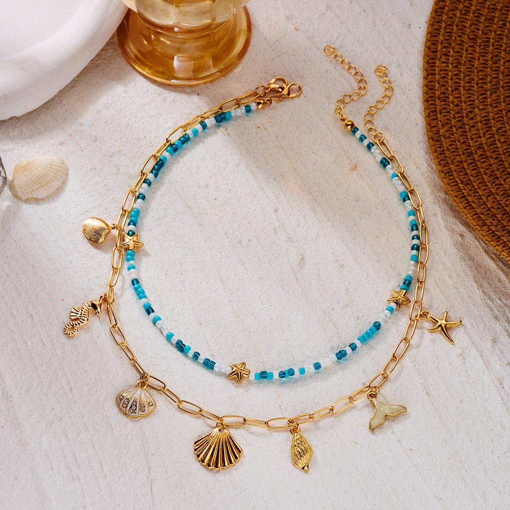 Fashion Shell Mermaid Tail Heishi Beads Clavicle Necklace for Women Multilayer Starfish Seahorse Chain Beach Jewelry Gift