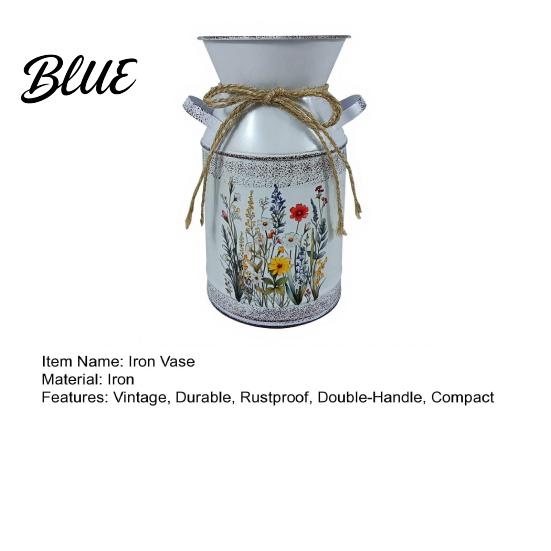 Indoor Decorative Flower Pot Vintage Iron Bucket Rustic White Double-Handle Metal Vase with Floral Print & Jute Handmade Hemp Rope Bow Farmhouse