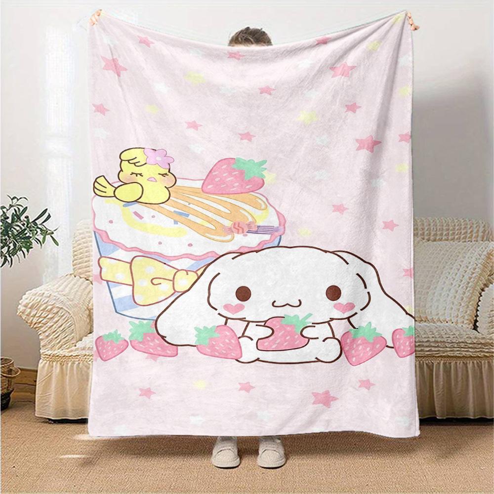 1pc Strawberry Rabbit Blanket Lightweight Flannel Throw for Sofa Bed Travel Camping Livingroom Office Couch Chair