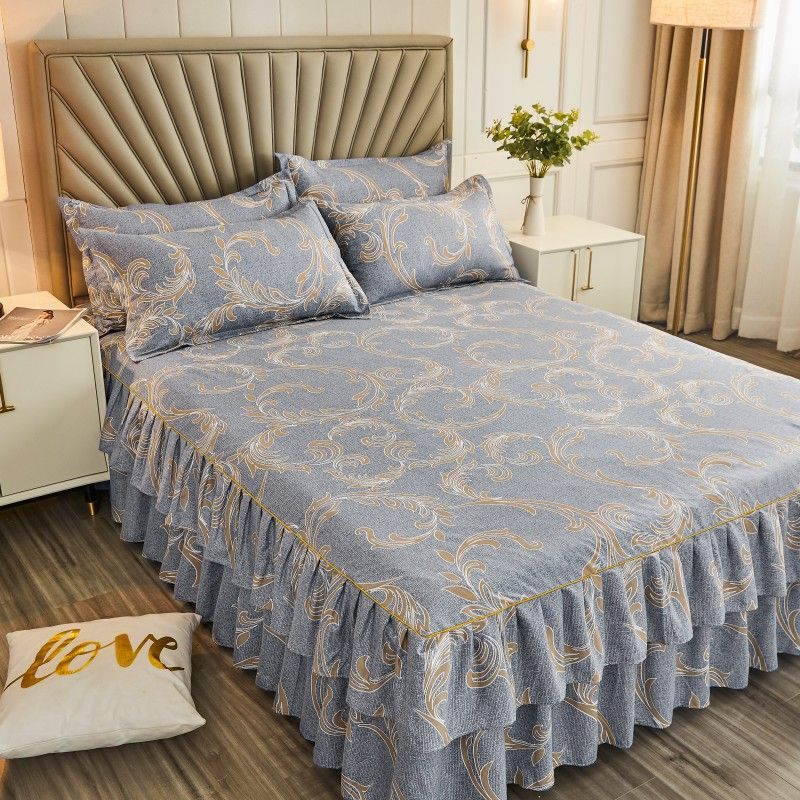 Floral Pattern Bed Skirt Set Mattress Anti Slip Protective Cover for Household Bedding Double Layered Skirt Dustproof Bed Cover