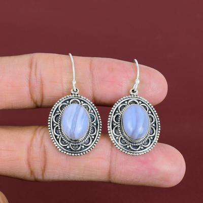 Ohrringe aus blauem Spitzenachat, handgefertigter Edelstein, hochwertiger Schmuck aus 925er Sterlingsilber, Vintage-Design, Geschenkidee für Sie
