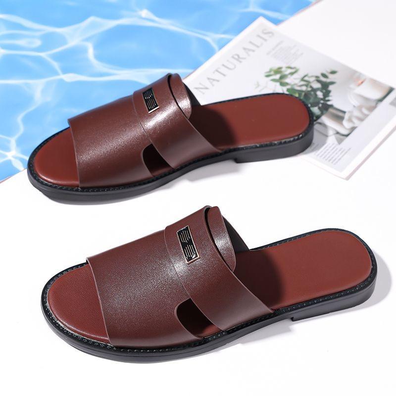 Herren Schwarz Leder Hausschuhe Einfache flache Sandalen Sommer Braun Outdoor Römische Sandalen Outdoor Strandschuhe für Vater Übergröße