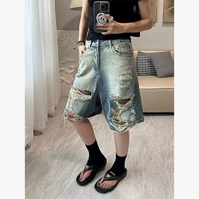 Mens Distressed Washed Denim Capri Pants Loose Fit Straight Leg Casual Shorts