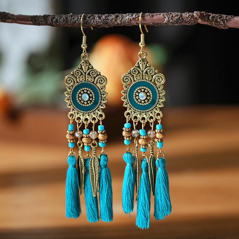 Bohemian Ethnic Style Tassel Earrings for Women Retro Waterdrop Round Fan Shaped Handmade Beaded Dangle Earring Lady Jewelry