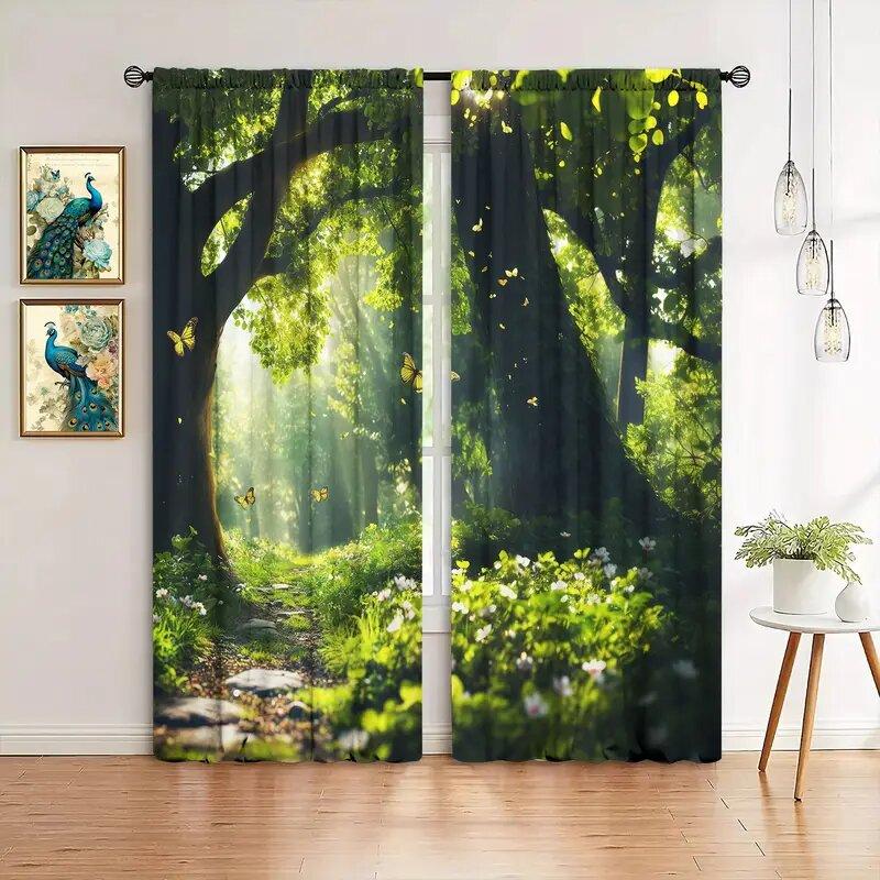 

2 шт. - Шторы с принтом «Лесной свет и тень», оконные украшения, украшения для дома, украшения для комнаты 29Wx64L(75x166CM)x2