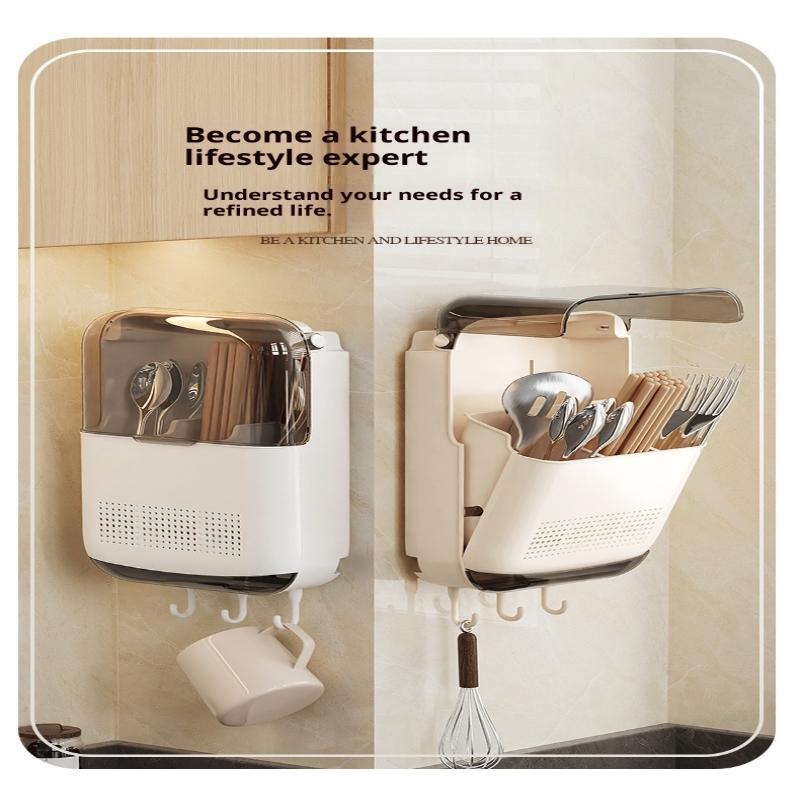 Wall Mounted Kitchen Cutlery Holder Breathable Dust-Proof Utensil Drainer No Punching With Lid Chopstick Storage Box