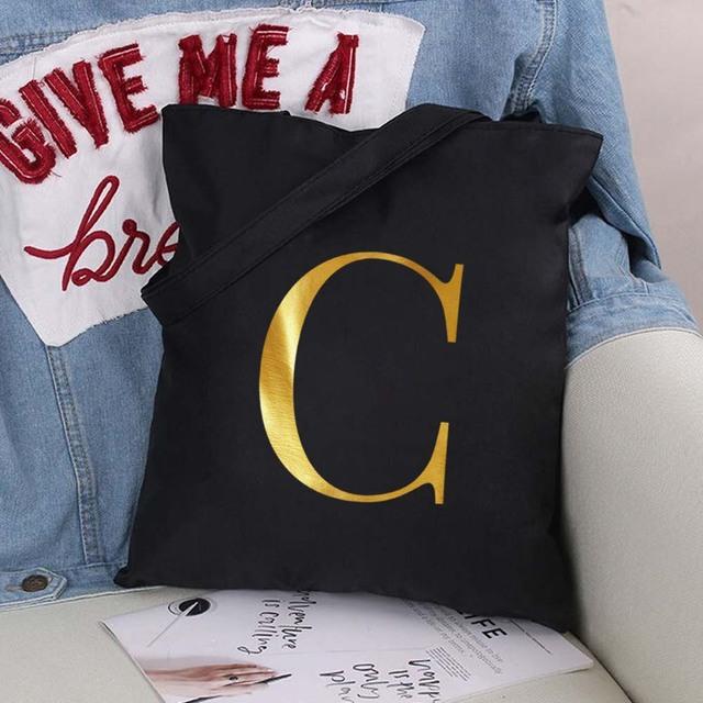 Damen Einkaufstaschen Eco Shopper Klassische Buchstaben Umhängetasche Mode Schwarz Druck Handtasche Canvas Tragetasche Einkaufstasche
