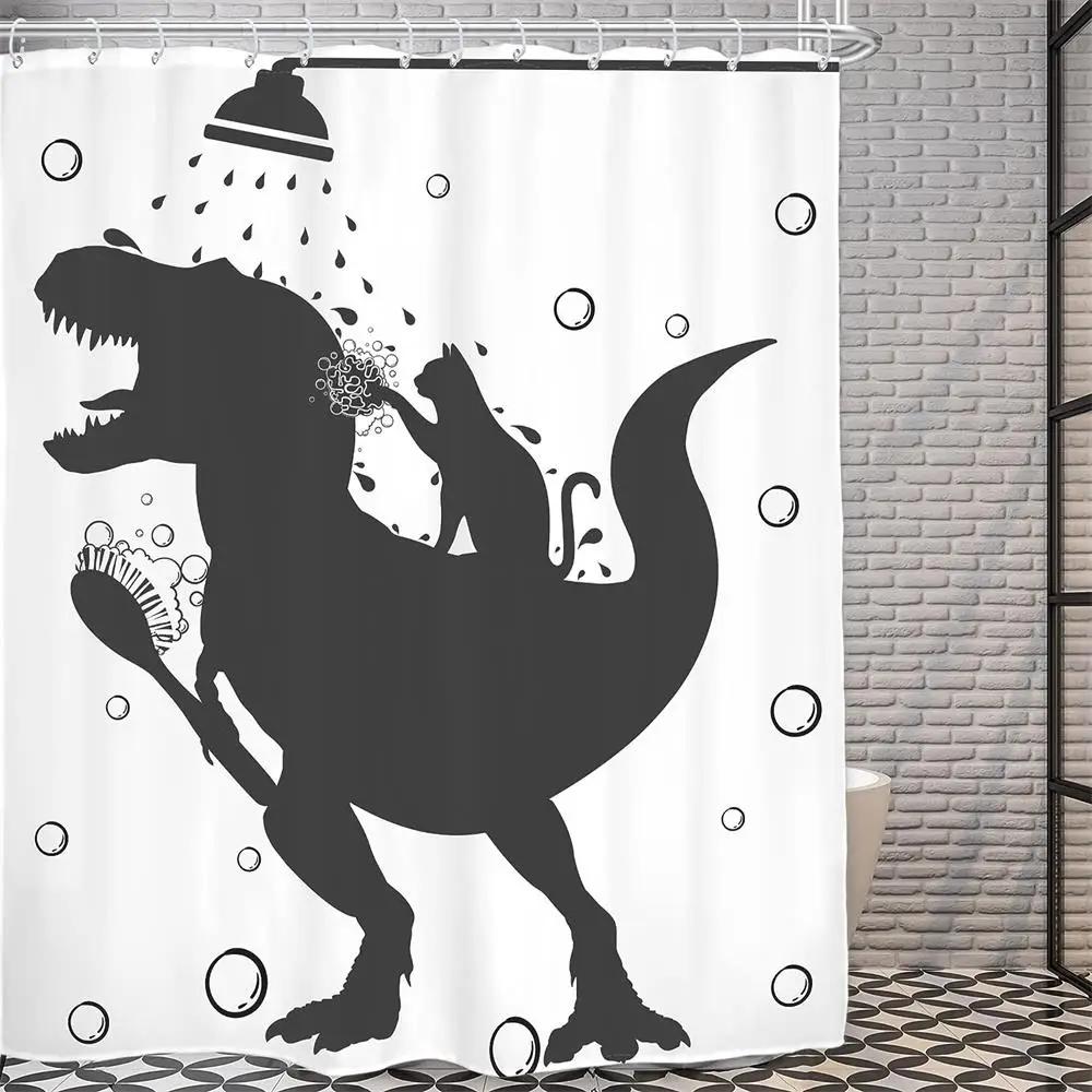 Rideau de douche amusant Chat sur Dinosaure Vagues de l'Océan Mer Rideau de Bain Créatif pour Enfants Tissu Polyester Décoration de Salle de Bain Avec Crochets