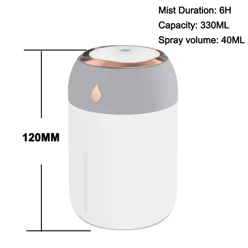 Mini USB přenosný zvlhčovač vzduchu, aroma difuzér, chladivé LED světlo, mlha pro pokoj, dům, auto, čistička rostlin, 330 ml