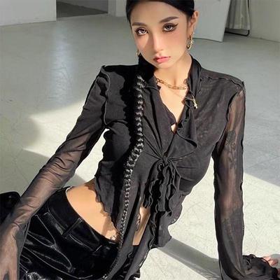 Tinklinis kardiganas moteriškas vasarinis prancūziškas hottie petnešėlėmis varpelio rankovėmis permatomas plonas viršus