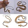 Handmade Devotional Wood Beads Rosary Necklace with Crosses Pendant for Christian Prayer Ceremony Jewelry Neckpiece