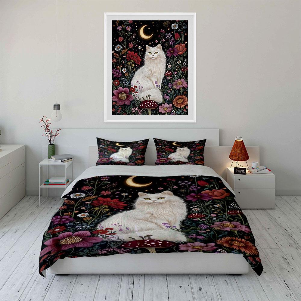 White cat, moon, flowers. Bedding sets Duvet cover sets Duvet covers Pillowcases(1* Duvet Cover 2* Pillowcases without duvet insert)