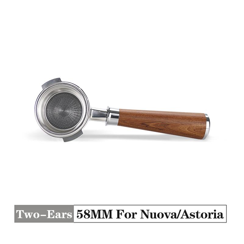 58MM bodenloser Siebträger Zwei-Ohren 2 Tassen Korb Holzgriff Für Nuova Simonelli Espressomaschine Kaffeemaschine Barista Werkzeuge