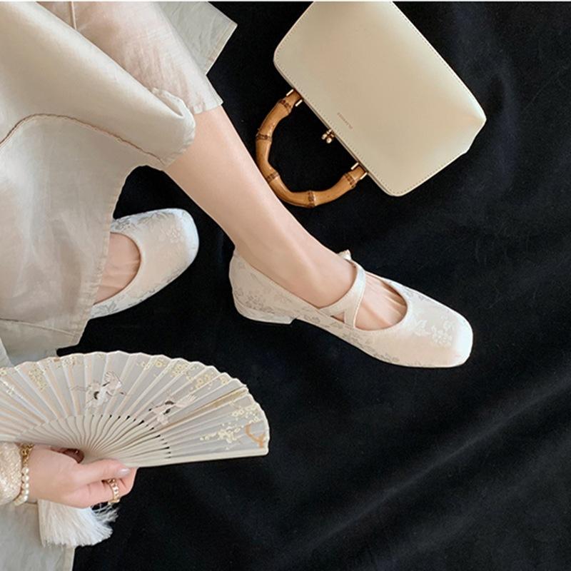 ~ Pearl word with square head jacquard Mary Jane single shoes evening jade