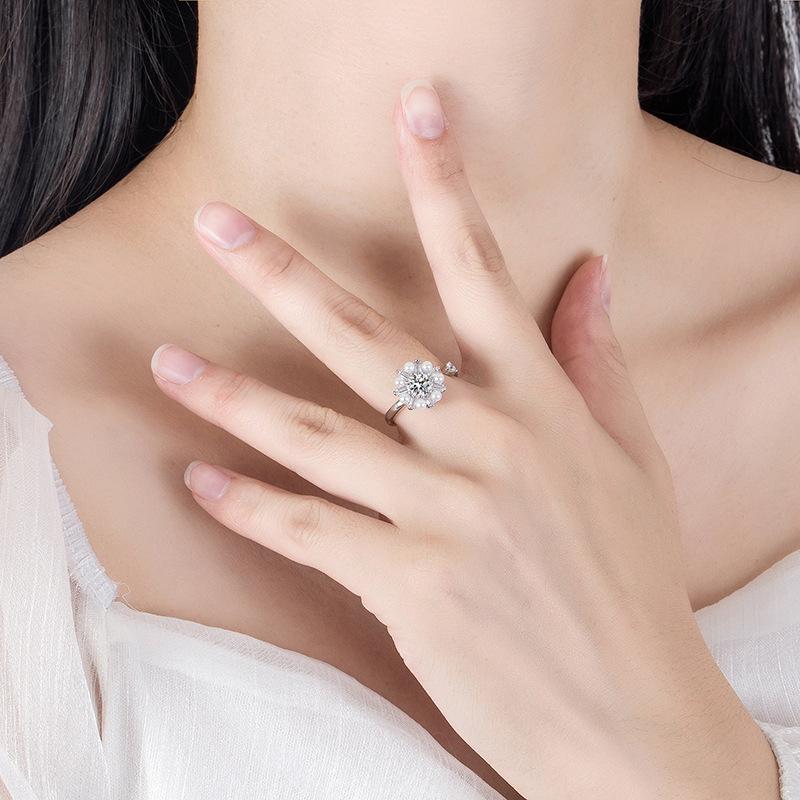 Korean Version Diamond Pearl Inlaid Zircon Flower Open Ring Adjustable Electroplated Copper Mesh Rotating Ring Women's Jewelry