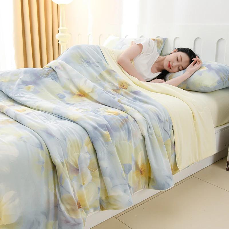 New Prints Ice Silk Summer Quilt Soft Silky Lightweight Cool Feeling Blanket for Bed Double Side Cooling Fabric Comforter Duvet