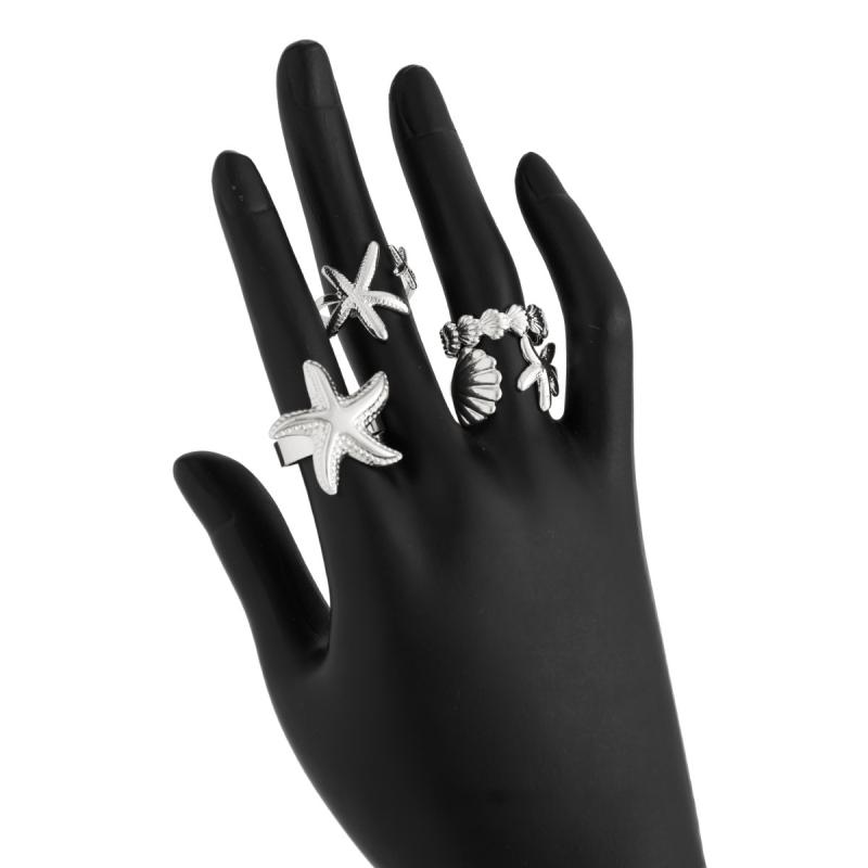 Stainless Steel Irregular Multi-Layer Ring Vintage Silver Color Starfish Open Adjustable Rings for Women Men Personality Jewelry