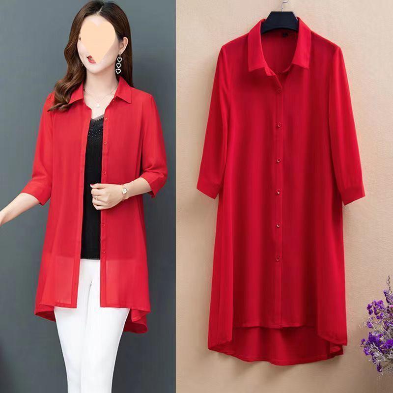 Spring Chiffon Shirt Women's Summer Plus Size Women's Blouse Drying Clothes Mid-length