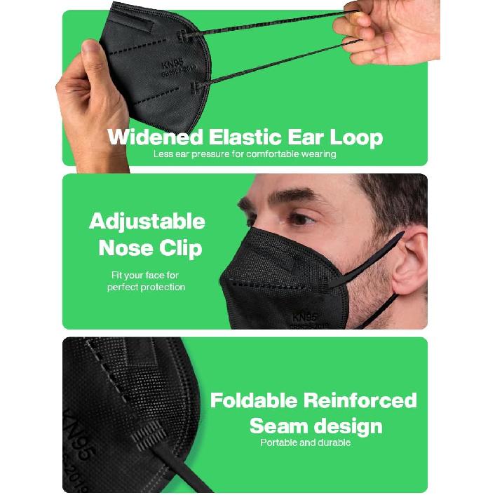 Boncare KN95 Face Masks 50 Pack, Black, 5-Layer Disposable Face Masks, Breathable and Comfortable
