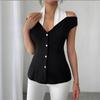 Elegant Women's Off-the-Shoulder Black and White Shirt - European & American Style, Slim Fit, Casual Office Wear