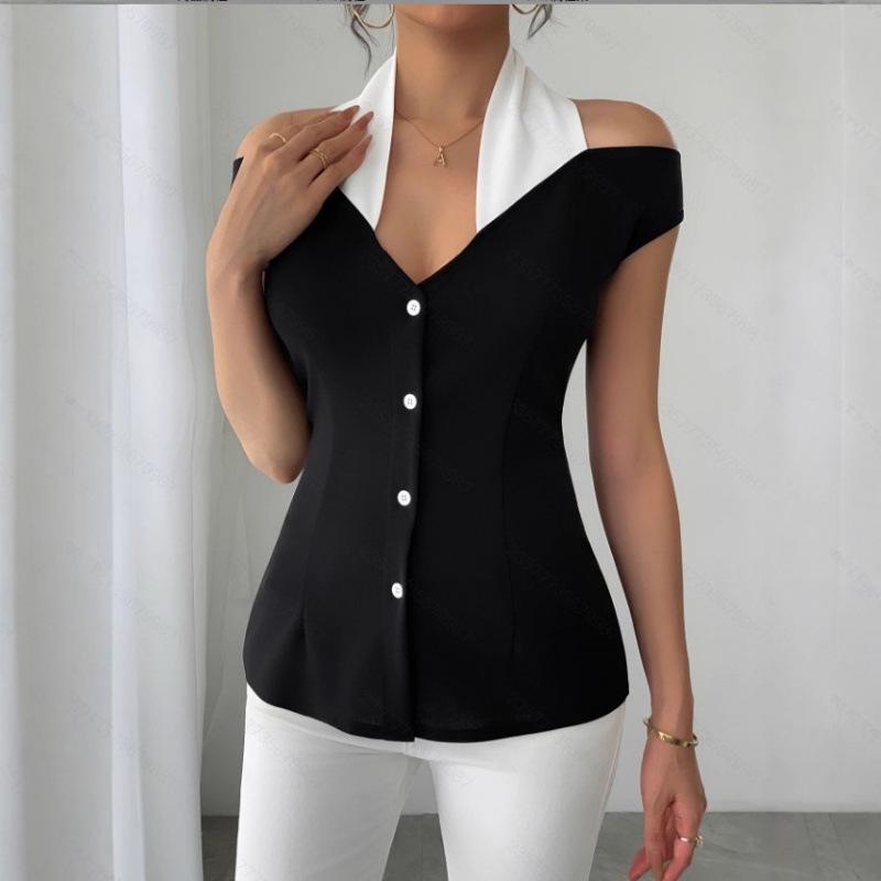 Elegant Women's Off-the-Shoulder Black and White Shirt - European & American Style, Slim Fit, Casual Office Wear