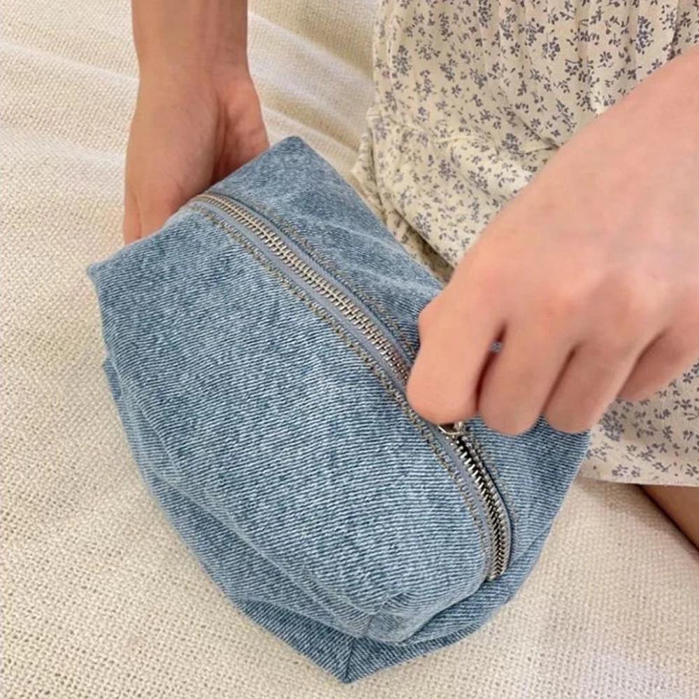 Vintage Blue Denim Makeup Bag Large Capacity Portable Solid Zipper Student Pencil Case Casual Chic Travel Cosmetic Storage Pouch