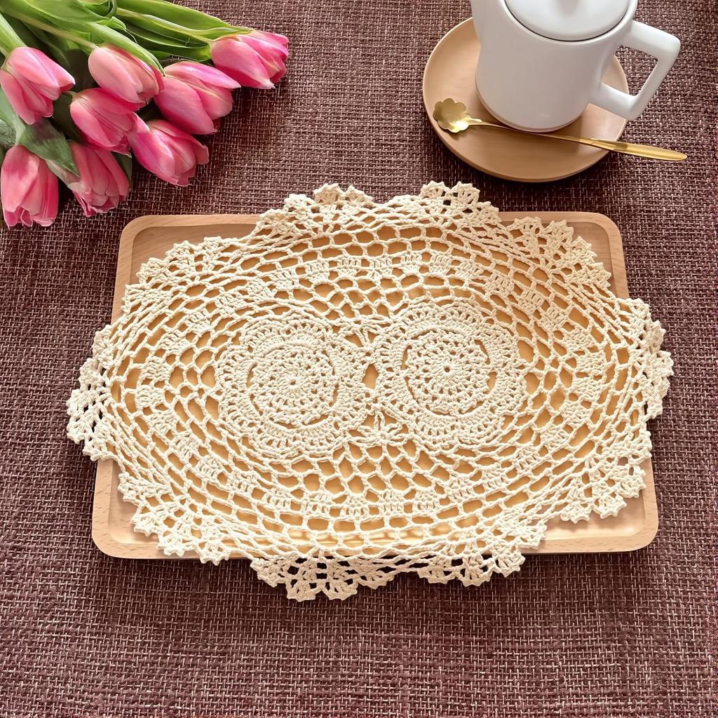 2-Pack Vintage Lace Placemats - 10x14 Inch French Crochet Lace Doilies, Handmade Embroidered Oval Table Mats for Dining, Tea Party, Wedding Decor,